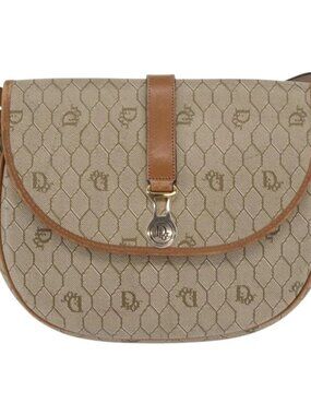 Christian Dior Honeycomb Canvas Shoulder Bag PVC Beige Gold Auth